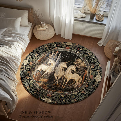 Medieval Ethereal Unicorn Area Rug | Goblincore Aesthetic Accent Rug Ornate Vintage Gothic Baroque Florals Magical Wonders Bedroom Carpet |