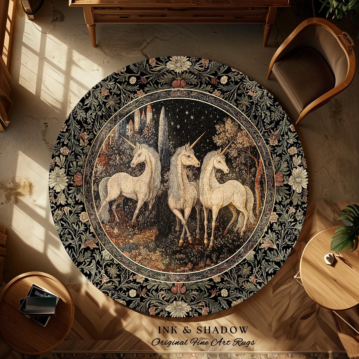 Medieval Ethereal Unicorn Area Rug | Goblincore Aesthetic Accent Rug Ornate Vintage Gothic Baroque Florals Magical Wonders Bedroom Carpet |