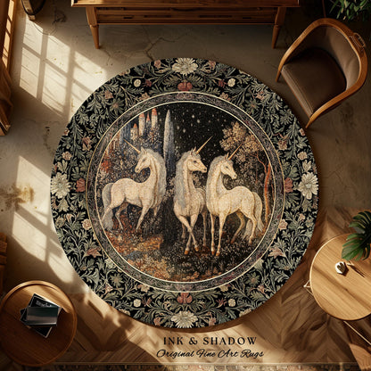 Medieval Ethereal Unicorn Area Rug | Goblincore Aesthetic Accent Rug Ornate Vintage Gothic Baroque Florals Magical Wonders Bedroom Carpet |