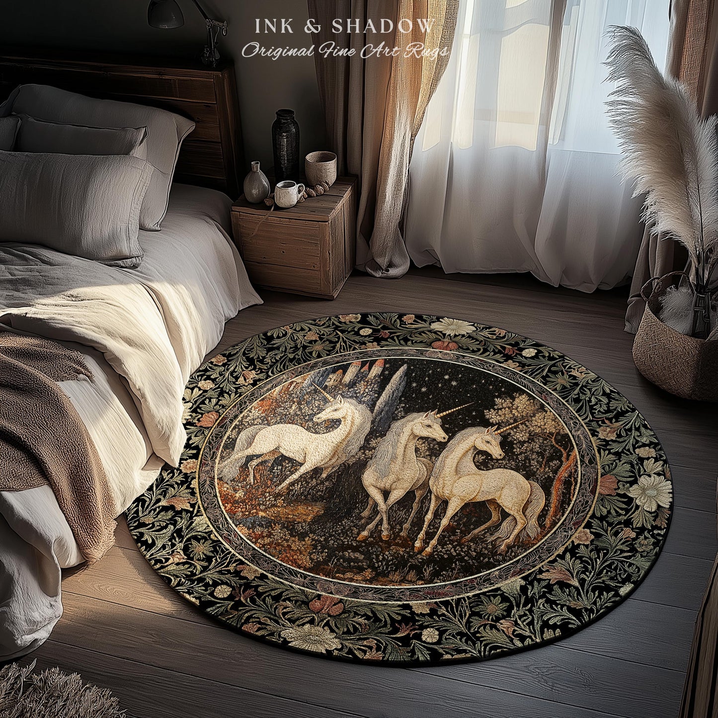 Medieval Ethereal Unicorn Area Rug | Goblincore Aesthetic Accent Rug Ornate Vintage Gothic Baroque Florals Magical Wonders Bedroom Carpet |
