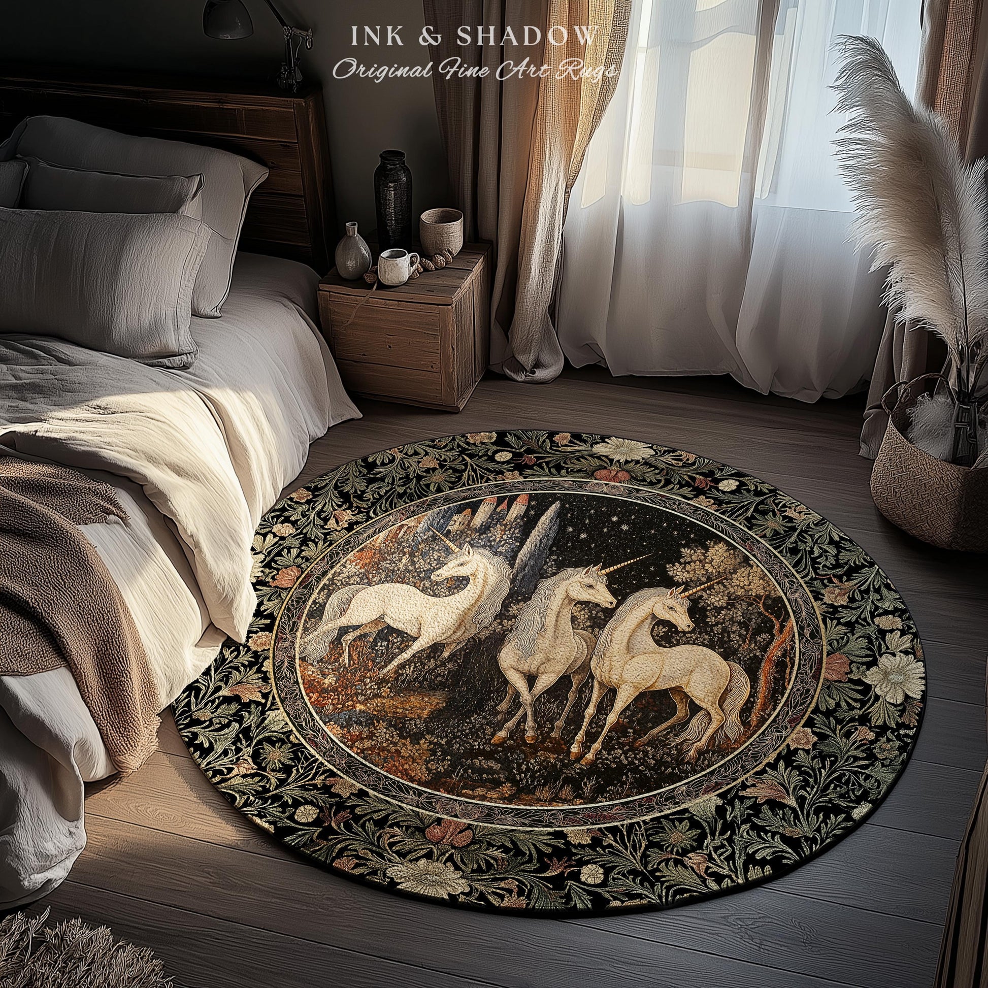 Medieval Ethereal Unicorn Area Rug | Goblincore Aesthetic Accent Rug Ornate Vintage Gothic Baroque Florals Magical Wonders Bedroom Carpet |