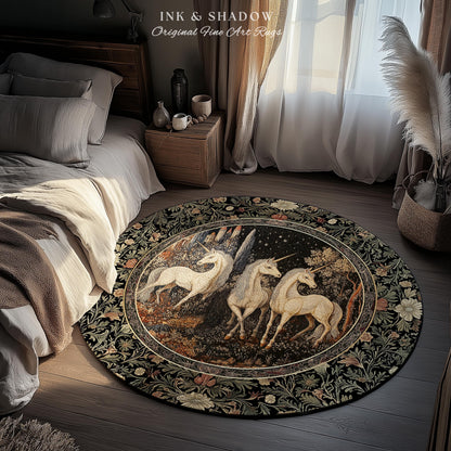 Medieval Ethereal Unicorn Area Rug | Goblincore Aesthetic Accent Rug Ornate Vintage Gothic Baroque Florals Magical Wonders Bedroom Carpet |