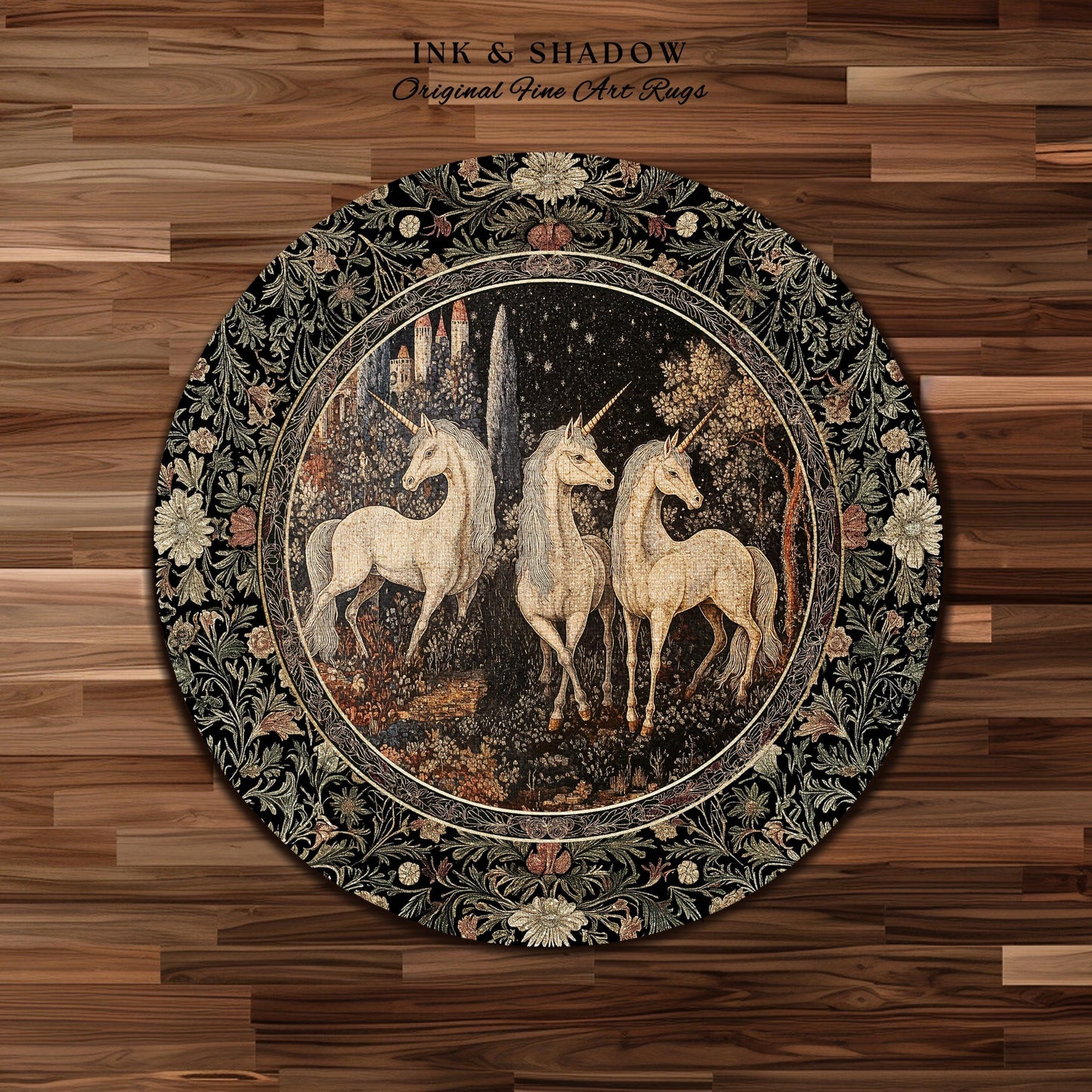 Medieval Ethereal Unicorn Area Rug | Goblincore Aesthetic Accent Rug Ornate Vintage Gothic Baroque Florals Magical Wonders Bedroom Carpet |