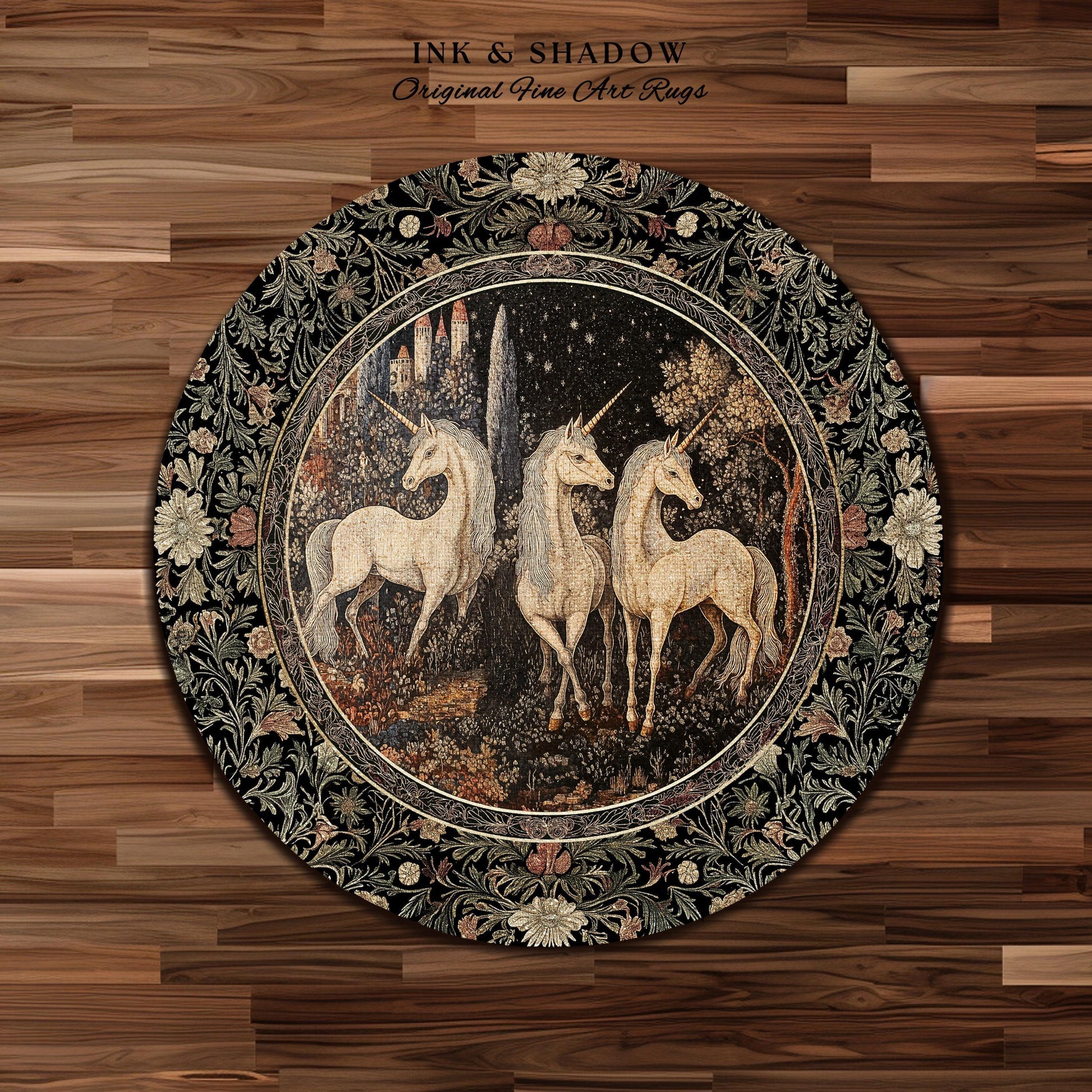 Medieval Ethereal Unicorn Area Rug | Goblincore Aesthetic Accent Rug Ornate Vintage Gothic Baroque Florals Magical Wonders Bedroom Carpet |