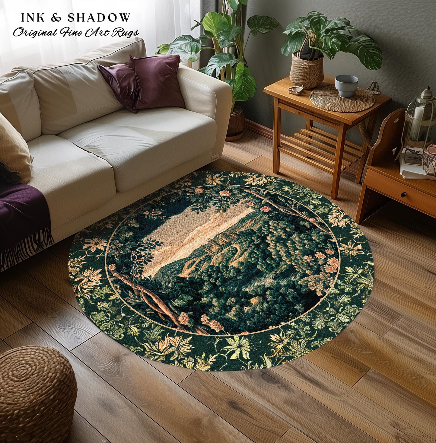 Rosy Forestcore Floral Area Rug | Woodland Castle Dreamy Ethereal Bedroom Aesthetic Princess Accent Rug Woodland Medieval Whimsical Elegance