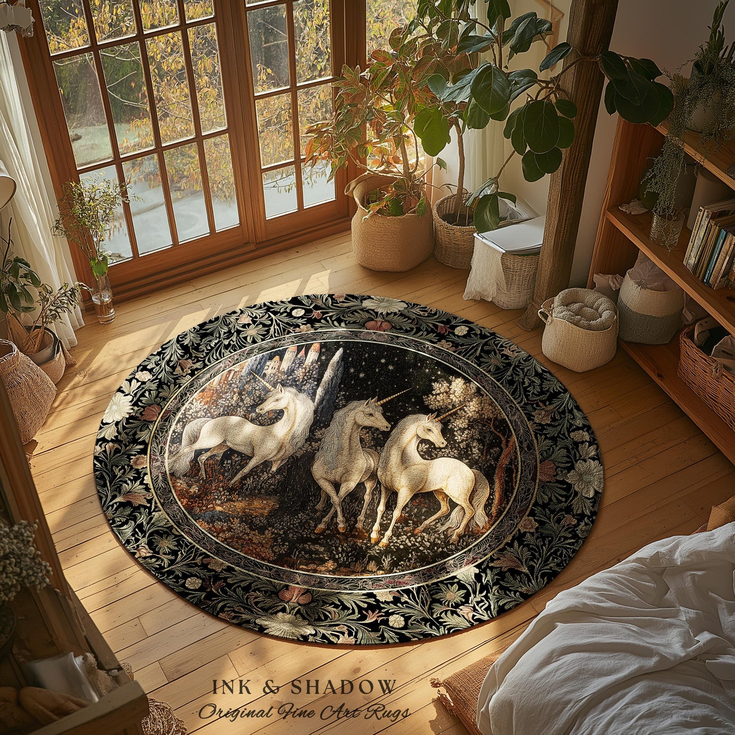 Medieval Ethereal Unicorn Area Rug | Goblincore Aesthetic Accent Rug Ornate Vintage Gothic Baroque Florals Magical Wonders Bedroom Carpet |