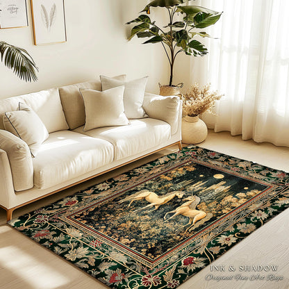 Royal Aesthetic Woven Unicorn Rug | Fairycore Rustic Area Rug Home Accent Gothic Whimsical Florals Storybook Bedroom Whimsical Ornate Gothic