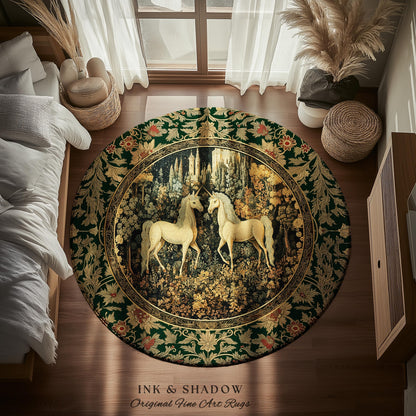 Royal Aesthetic Woven Unicorn Rug | Fairycore Rustic Area Rug Home Accent Gothic Whimsical Florals Storybook Bedroom Whimsical Ornate Gothic