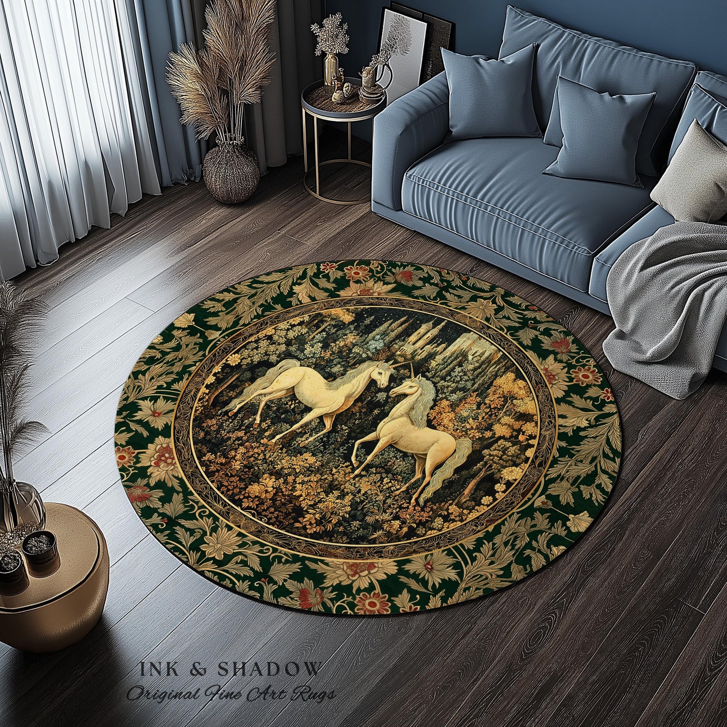 Royal Aesthetic Woven Unicorn Rug | Fairycore Rustic Area Rug Home Accent Gothic Whimsical Florals Storybook Bedroom Whimsical Ornate Gothic