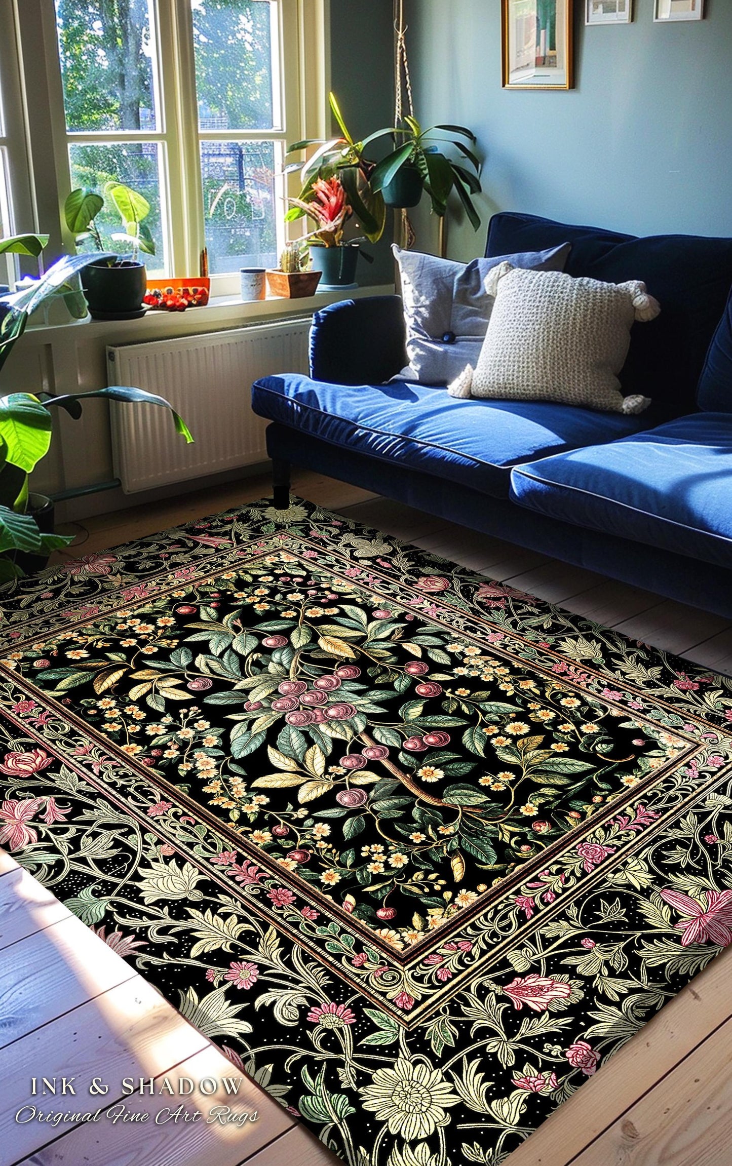 Gothic Elegance Botanical Cherry Elegant Runner Rug | Romantic Dark Cottagecore Floral Hallway Mat Whimsical Vintage Victorian Garden Decor