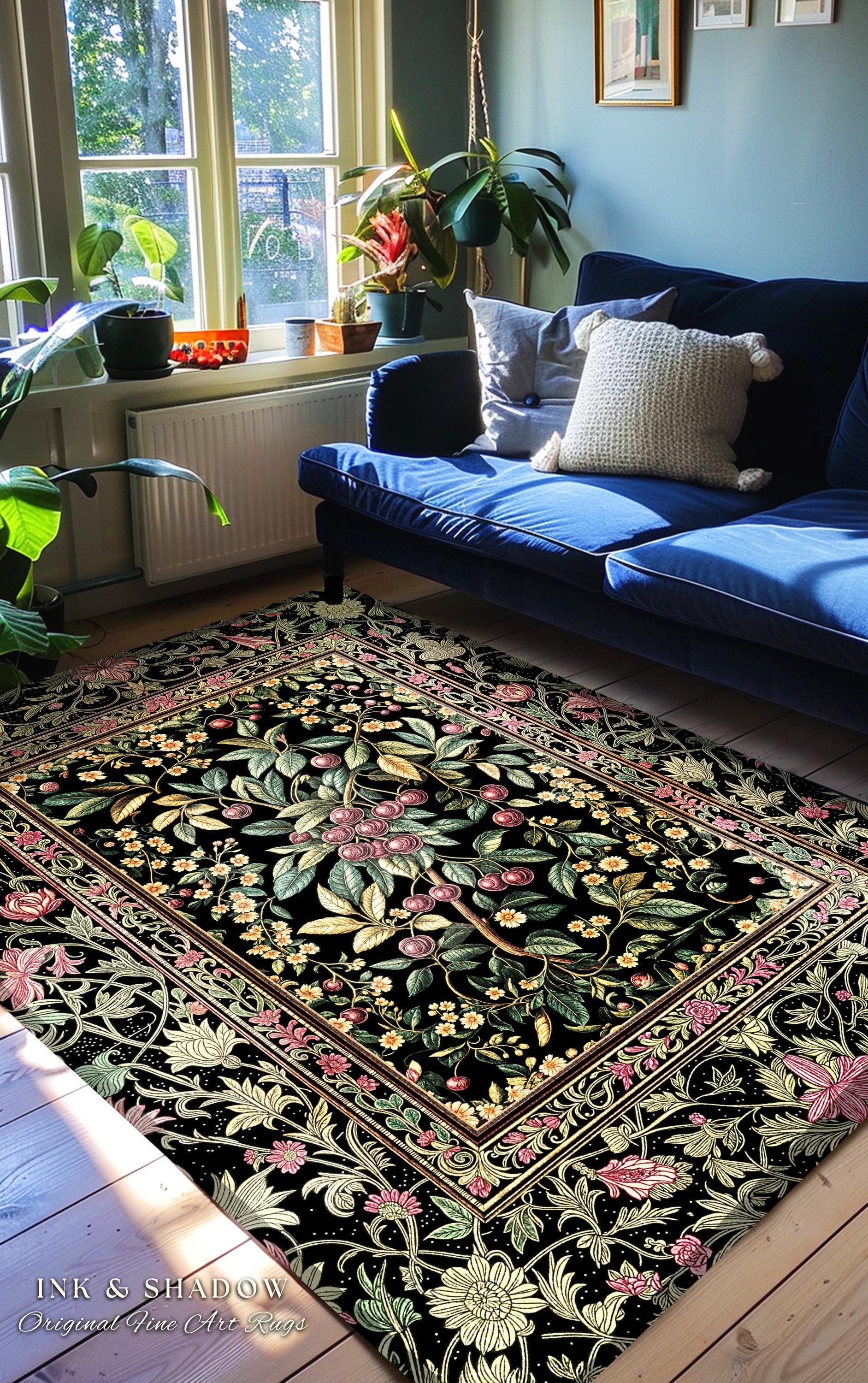 Gothic Elegance Botanical Cherry Elegant Runner Rug | Romantic Dark Cottagecore Floral Hallway Mat Whimsical Vintage Victorian Garden Decor