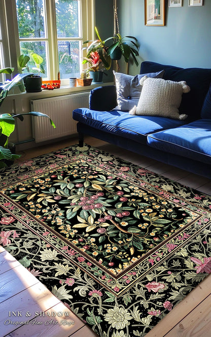 Gothic Elegance Botanical Cherry Elegant Runner Rug | Romantic Dark Cottagecore Floral Hallway Mat Whimsical Vintage Victorian Garden Decor