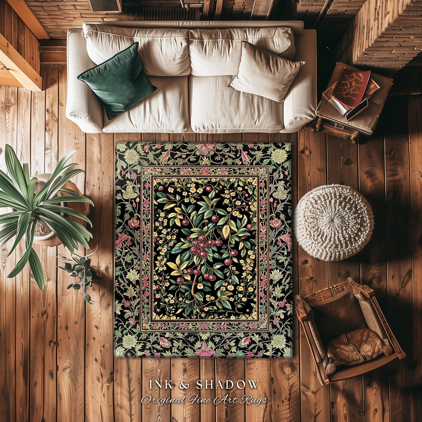 Gothic Elegance Botanical Cherry Art Rug | Romantic Dark Cottagecore Floral Fruit Garden Decor Whimsical Victorian Style Floor Mat Accent