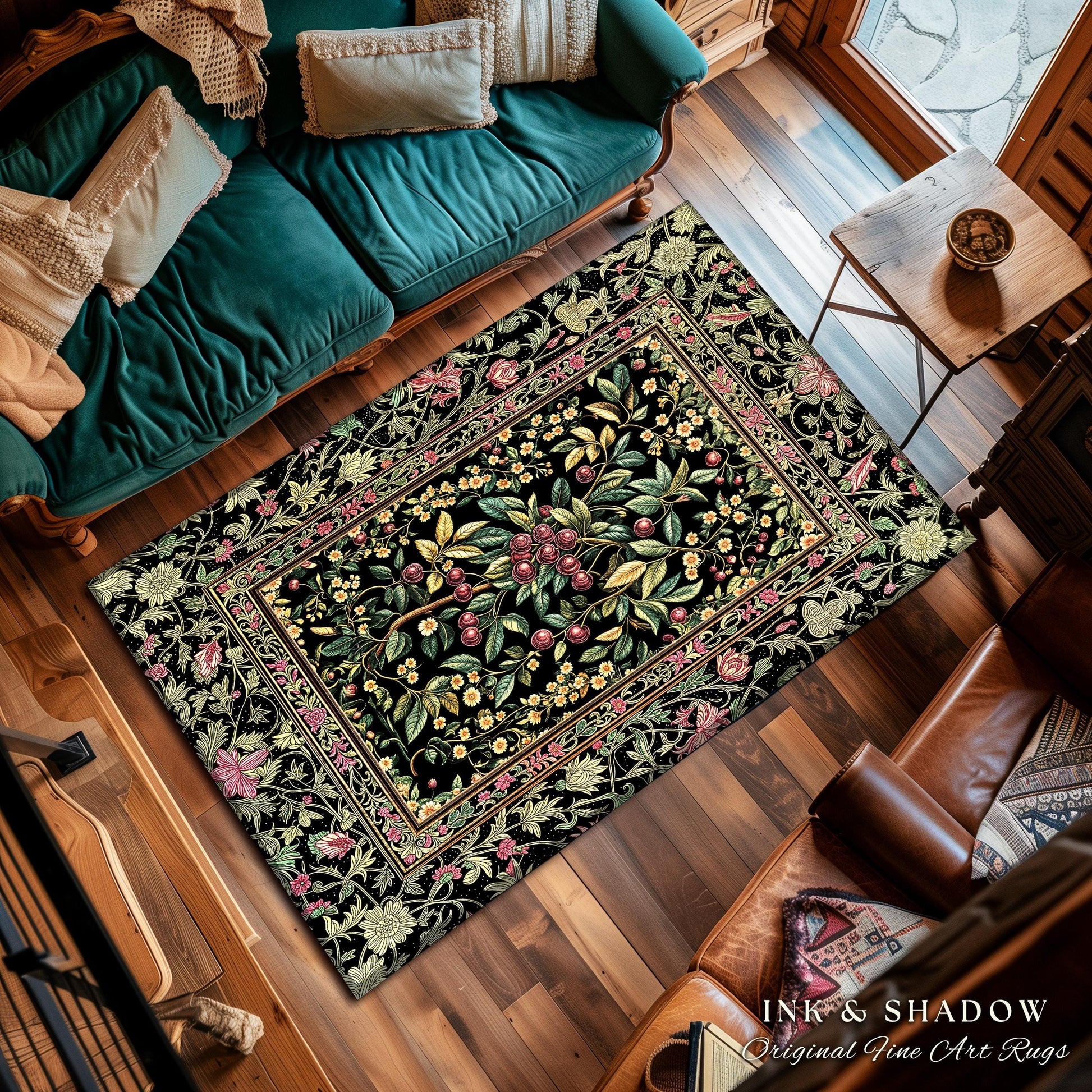 Gothic Elegance Cherry Accent Rug | Victorian Cottagecore Decor Baroque Floral Style Gothic Garden Area Rug Romantic Dark Aesthetic Ethereal
