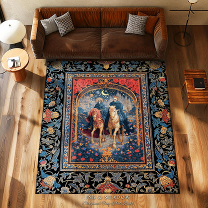Rose Archway Horseback Skeletons Area Rug | Celestial Moonlit Gothic Romance Moonlight Baroque Floral Couple Regal Bedroom Accent Whimsical