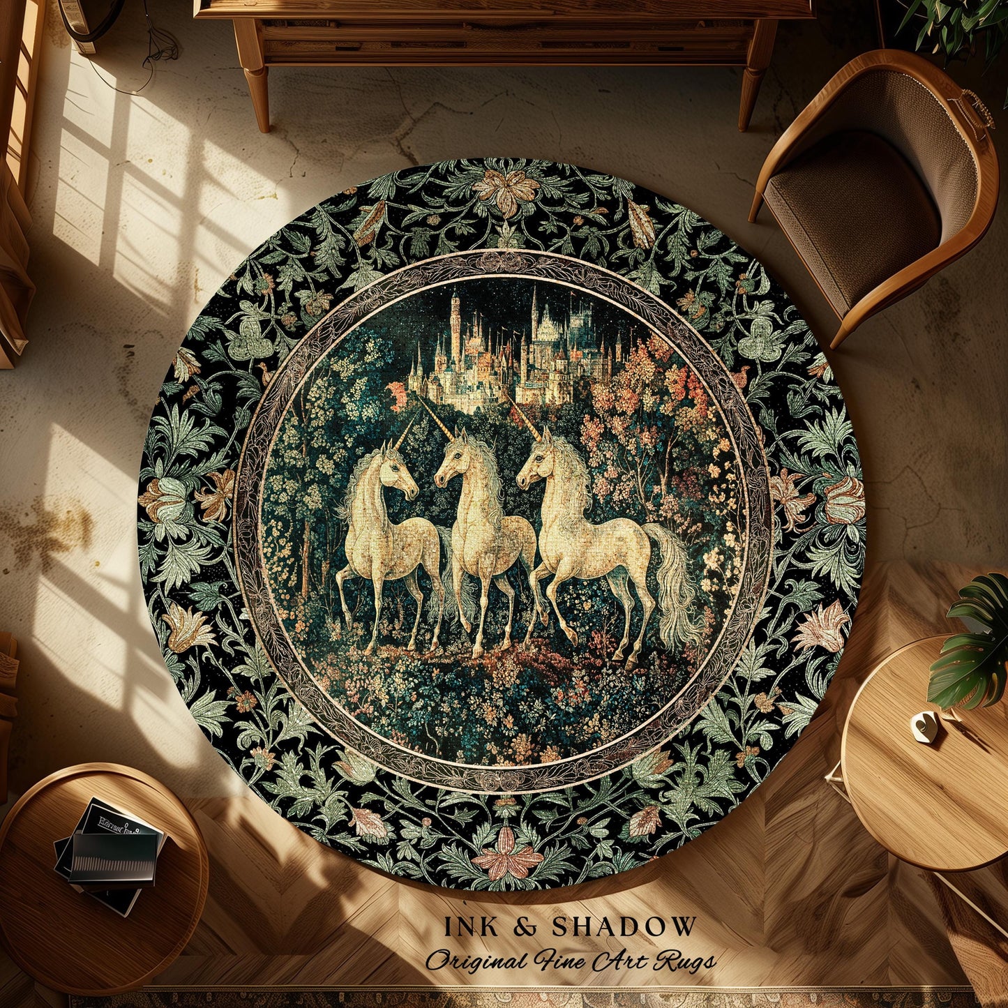 Mystic Academia Unicorn Area Rug | Dark Victorian Gothic Floral Landscape Magical Elegance Aesthetic Accent Rug Storybook Fairytale Artwork