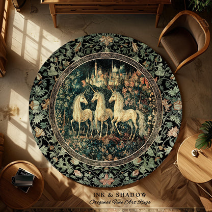Mystic Academia Unicorn Area Rug | Dark Victorian Gothic Floral Landscape Magical Elegance Aesthetic Accent Rug Storybook Fairytale Artwork