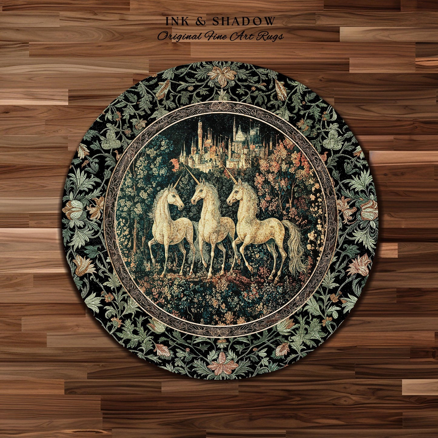 Mystic Academia Unicorn Area Rug | Dark Victorian Gothic Floral Landscape Magical Elegance Aesthetic Accent Rug Storybook Fairytale Artwork
