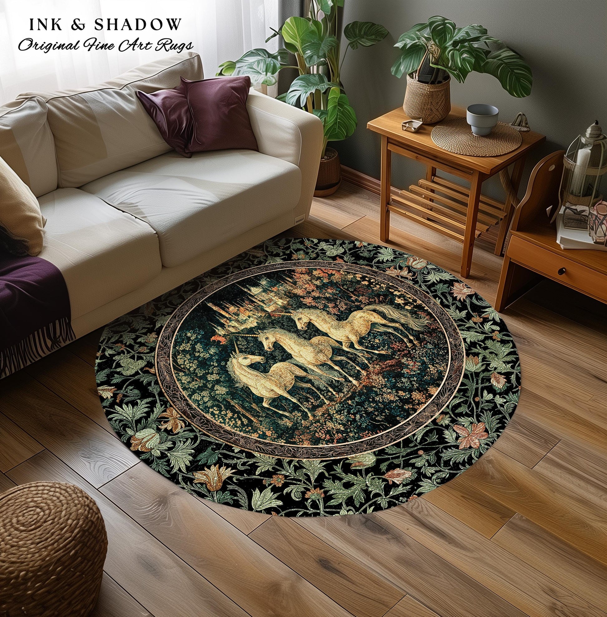 Mystic Academia Unicorn Area Rug | Dark Victorian Gothic Floral Landscape Magical Elegance Aesthetic Accent Rug Storybook Fairytale Artwork