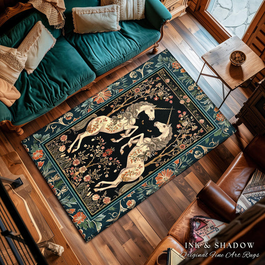 Medieval Folklore Floral Unicorn Rug | Fairytale Aesthetic Woodland Cottagecore Home Accent Rug Fantasy Storybook Whimsical Teal Bedroom |