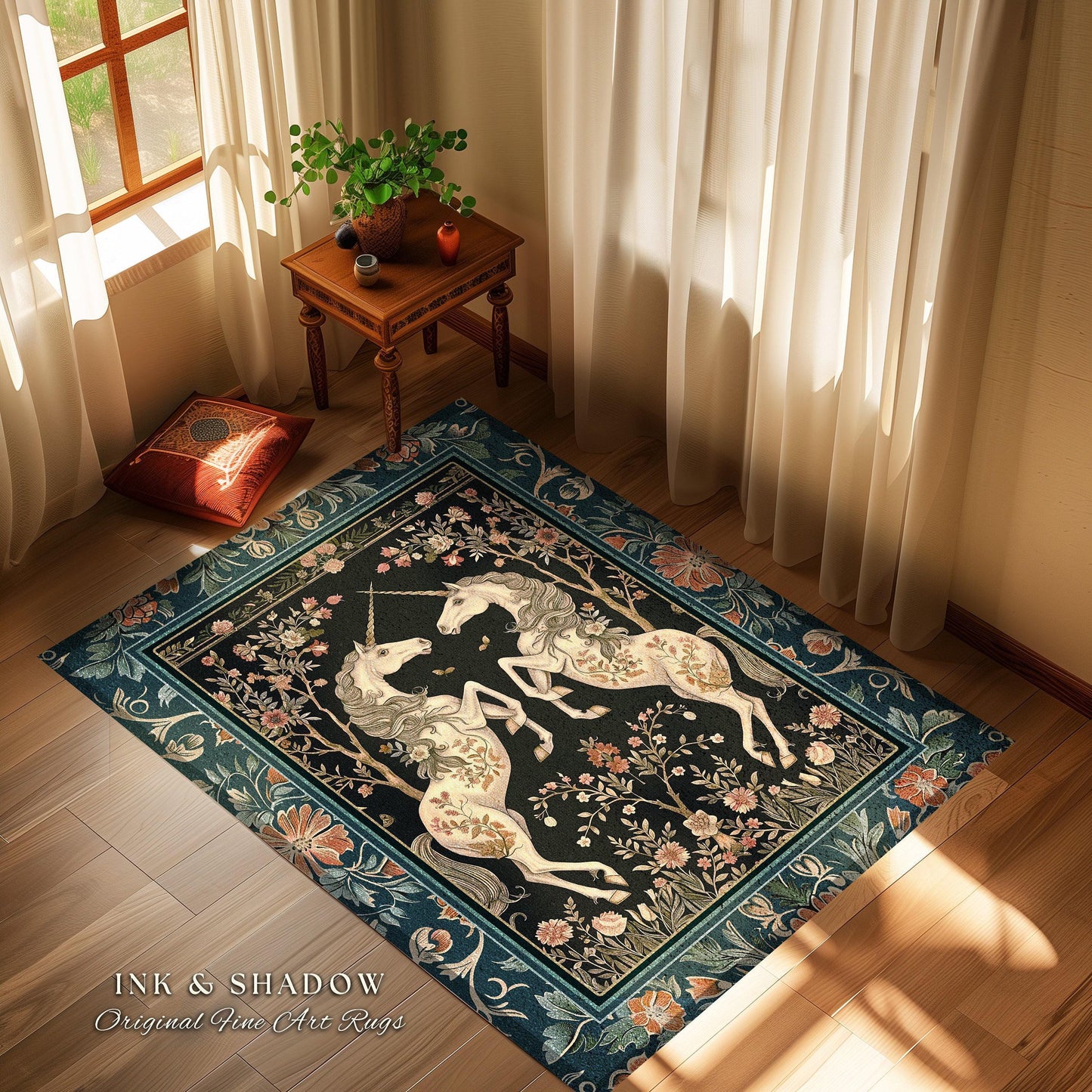 Medieval Folklore Floral Unicorn Rug | Fairytale Aesthetic Woodland Cottagecore Home Accent Rug Fantasy Storybook Whimsical Teal Bedroom |