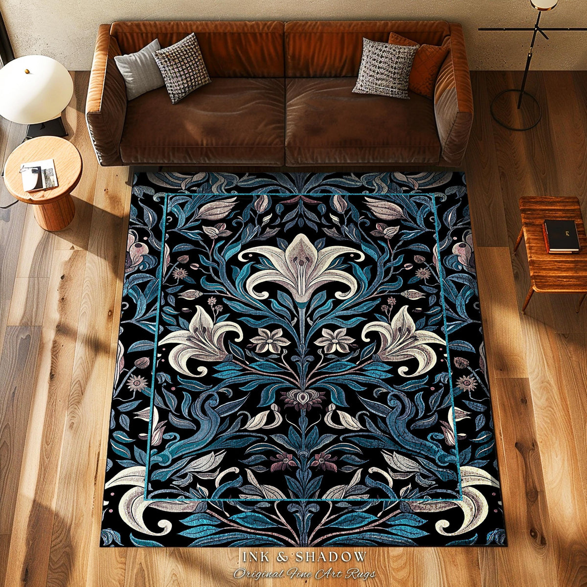 Victorian Gothic Lily Flower Runner Jewel Tones Entryway Rug, Indigo Blue Art Nouveau Floral Home Decor Whimsical Botanical Statement Piece