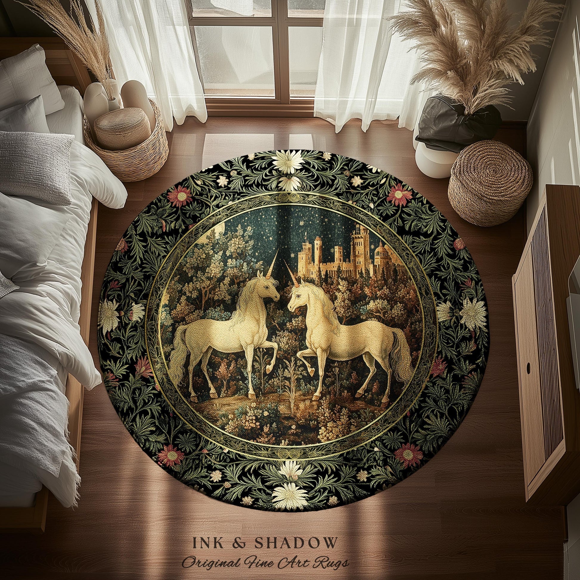 Dreamy Castle Landscape Unicorn Rug | Whimsical Elegance Bedroom Accent Rug Magical Storybook Aesthetic Fairytale Landscape Enchanted Style