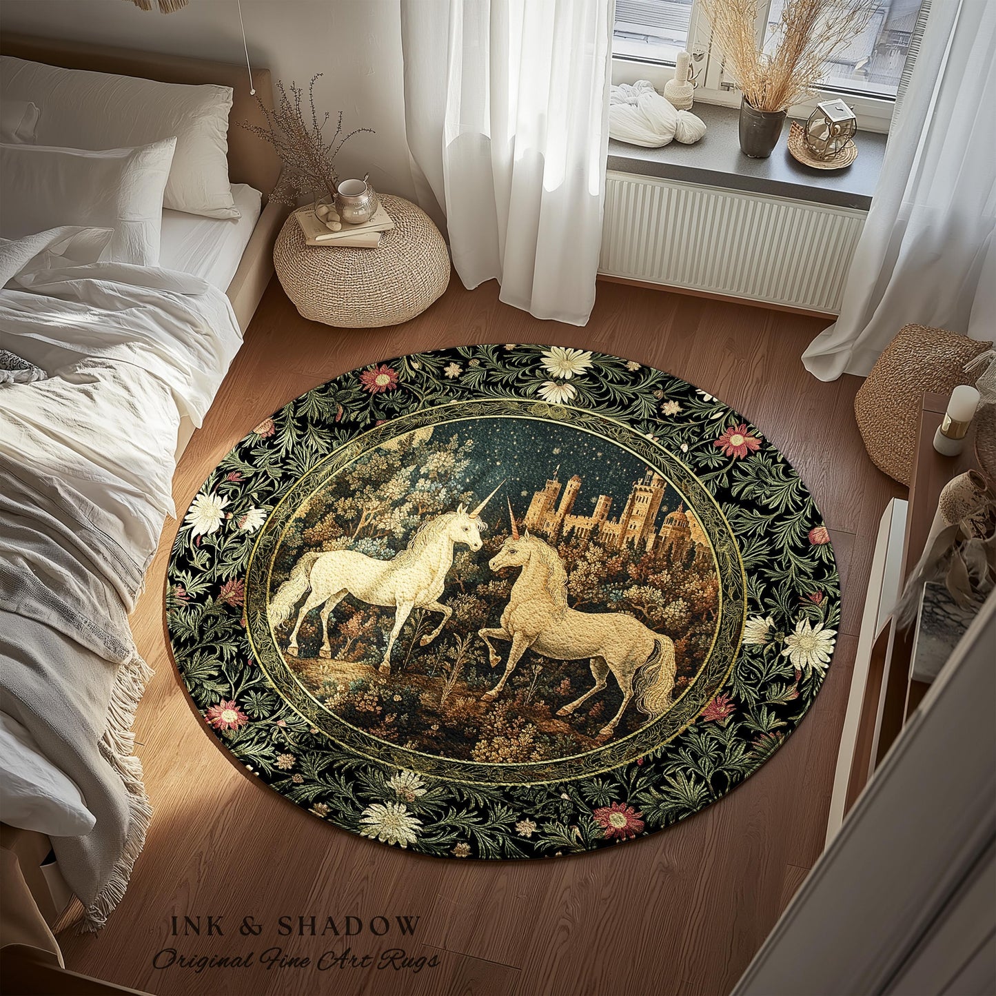 Dreamy Castle Landscape Unicorn Rug | Whimsical Elegance Bedroom Accent Rug Magical Storybook Aesthetic Fairytale Landscape Enchanted Style