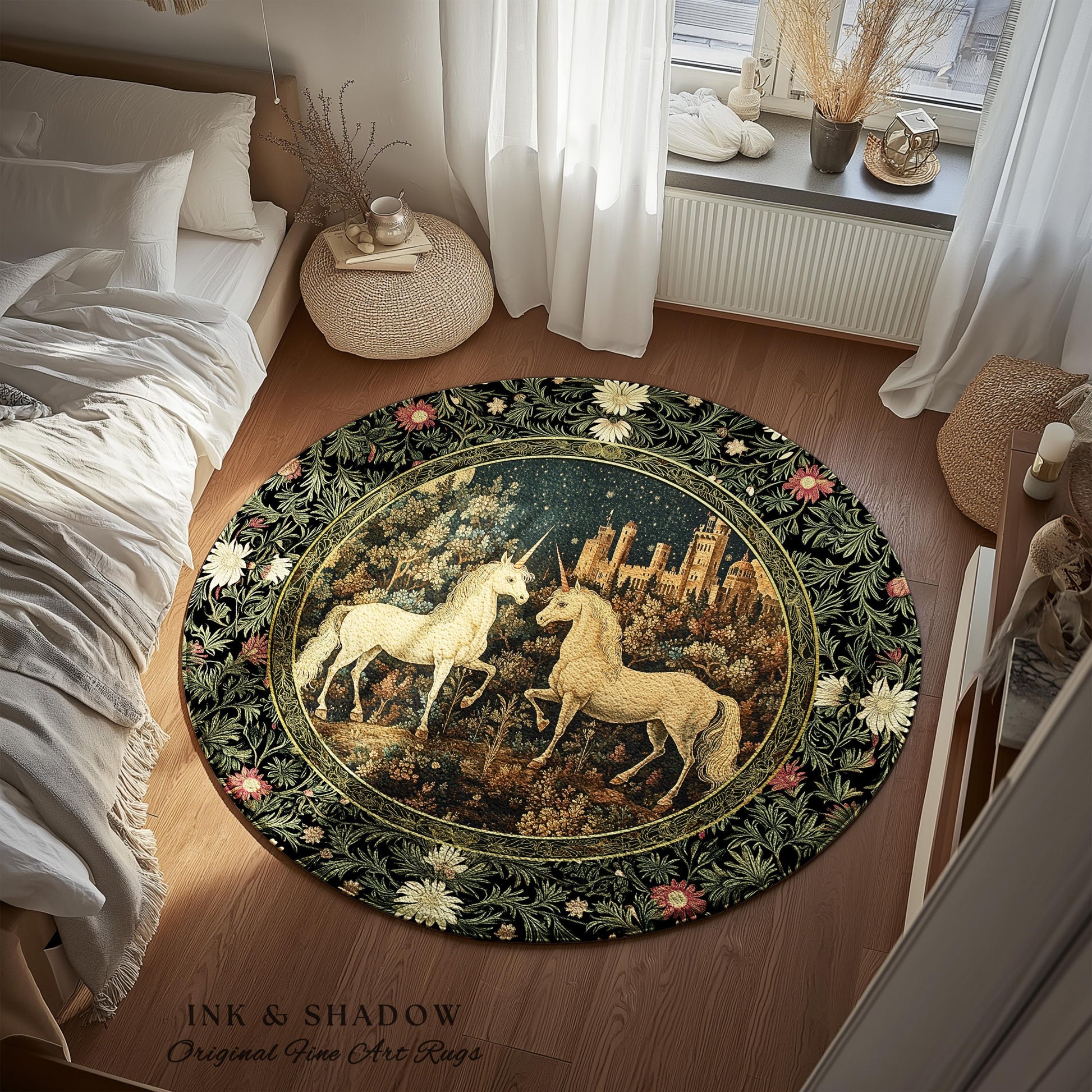 Dreamy Castle Landscape Unicorn Rug | Whimsical Elegance Bedroom Accent Rug Magical Storybook Aesthetic Fairytale Landscape Enchanted Style