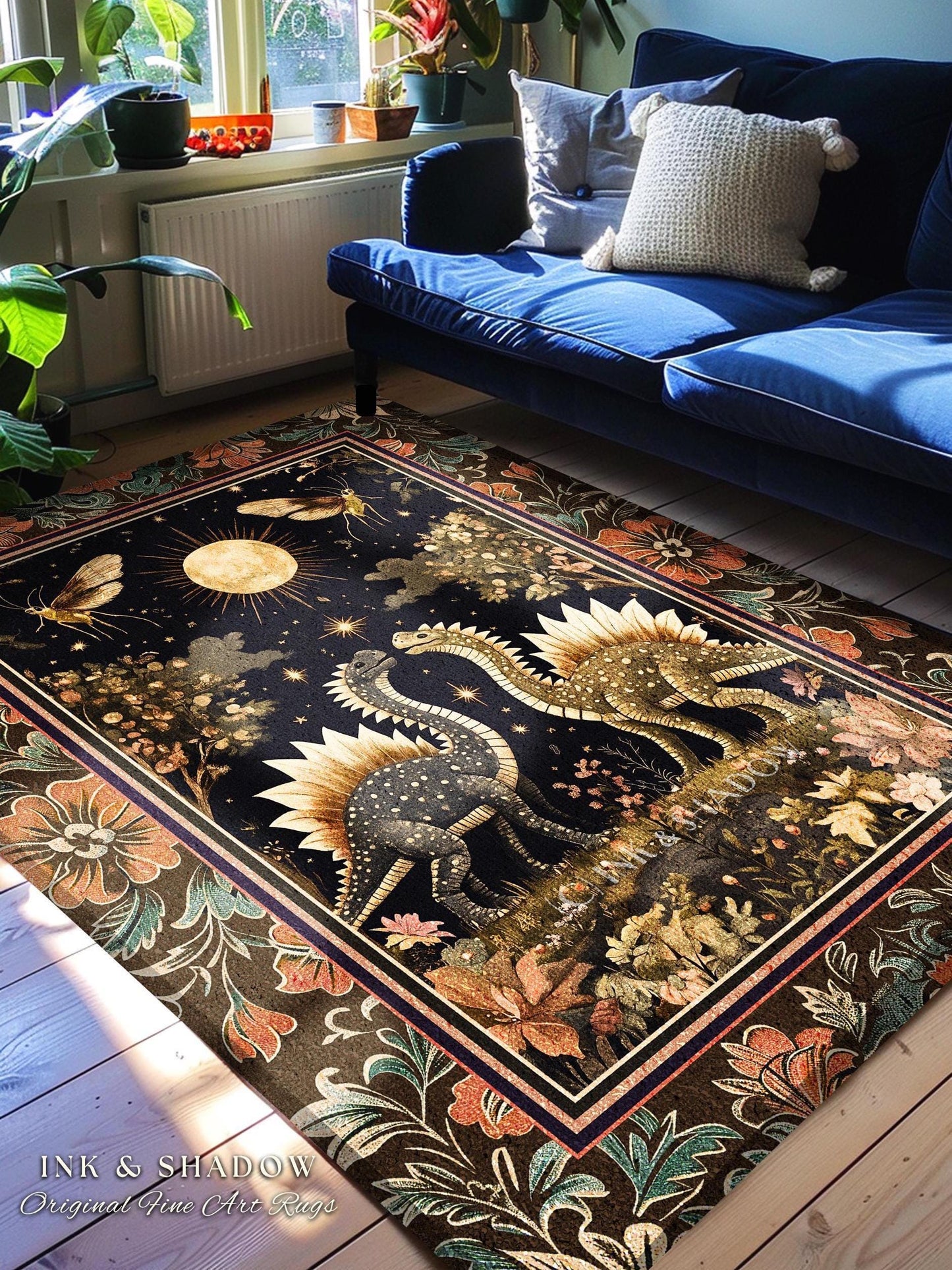 Rustic Elegance Dinosaur Decor Woodland Gothic Celestial Stegosaurus Rug Antique Baroque Aesthetic Enchanted Forestcore Art Home Accent