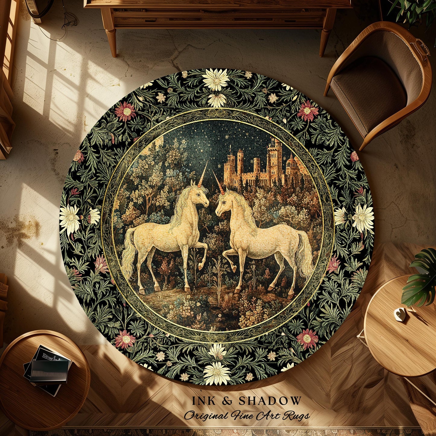 Dreamy Castle Landscape Unicorn Rug | Whimsical Elegance Bedroom Accent Rug Magical Storybook Aesthetic Fairytale Landscape Enchanted Style