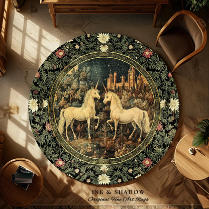 Dreamy Castle Landscape Unicorn Rug | Whimsical Elegance Bedroom Accent Rug Magical Storybook Aesthetic Fairytale Landscape Enchanted Style