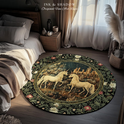 Dreamy Castle Landscape Unicorn Rug | Whimsical Elegance Bedroom Accent Rug Magical Storybook Aesthetic Fairytale Landscape Enchanted Style