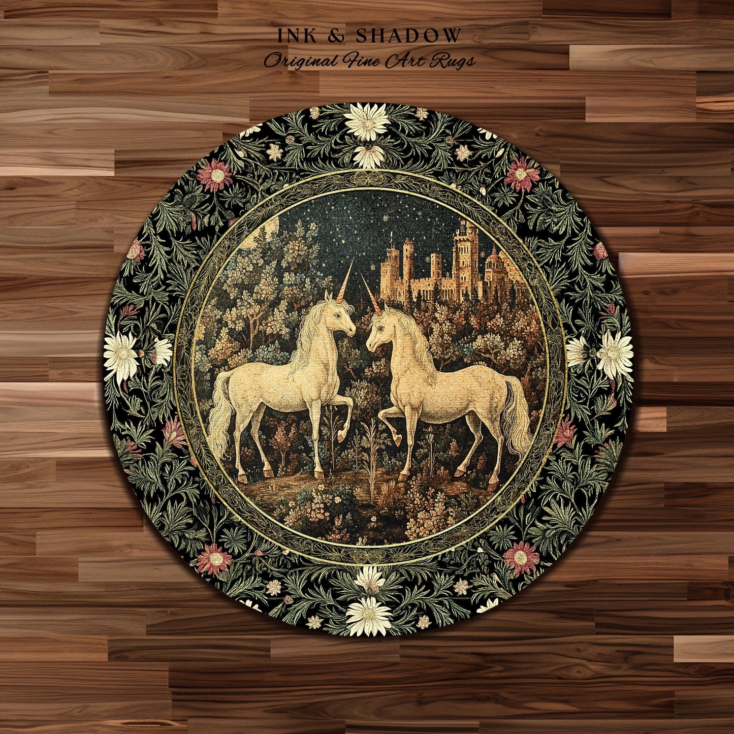 Dreamy Castle Landscape Unicorn Rug | Whimsical Elegance Bedroom Accent Rug Magical Storybook Aesthetic Fairytale Landscape Enchanted Style