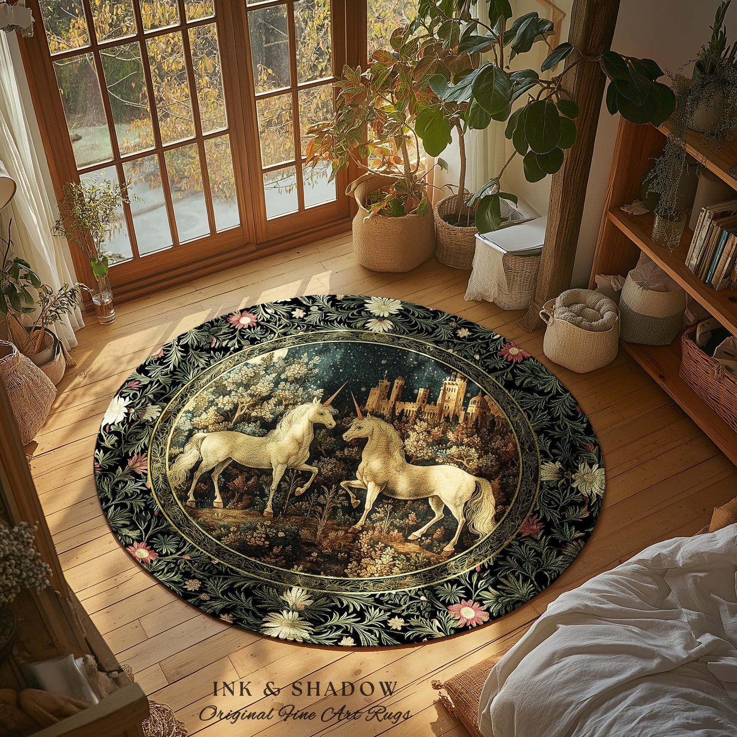 Dreamy Castle Landscape Unicorn Rug | Whimsical Elegance Bedroom Accent Rug Magical Storybook Aesthetic Fairytale Landscape Enchanted Style