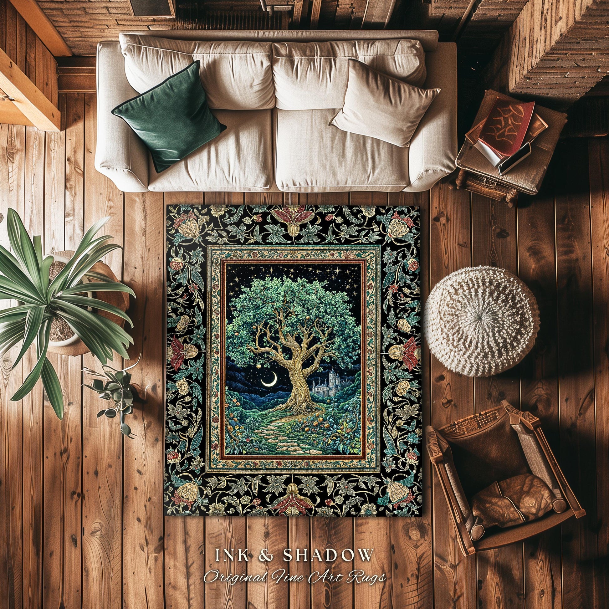 Fantasy Castle Tree of Life Area Rug | Celestial Moon Decor Star Garden Design Folklore Inspired Rug Enchanted Forest Medieval Home Style