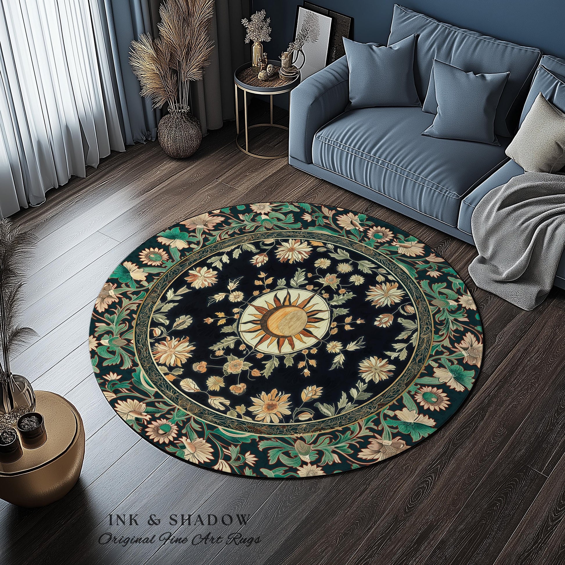 Witchy Sun Dark Academia Rug | Bohemian Rustic Whimsical Gothic Maximalist Bedroom Rug Whimsical Celestial Astrology Aesthetic Magical Home
