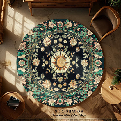 Witchy Sun Dark Academia Rug | Bohemian Rustic Whimsical Gothic Maximalist Bedroom Rug Whimsical Celestial Astrology Aesthetic Magical Home
