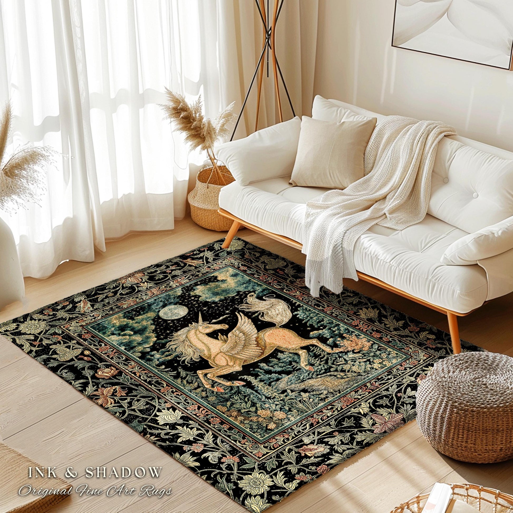 Celestial Pegasus Unicorn Forest Rug | Baroque Bedroom Decor Romantic Maximalist Fairytale Cottagecore Style Whimsical Castlecore Accent