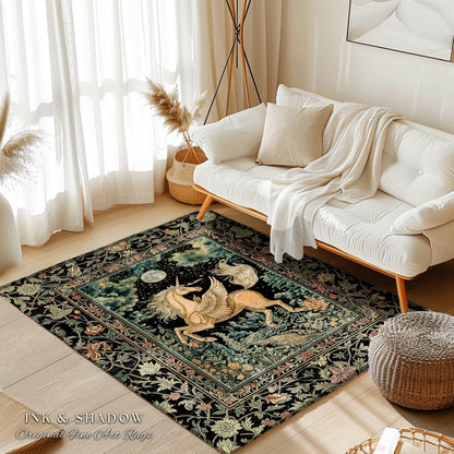 Celestial Pegasus Unicorn Forest Rug | Baroque Bedroom Decor Romantic Maximalist Fairytale Cottagecore Style Whimsical Castlecore Accent