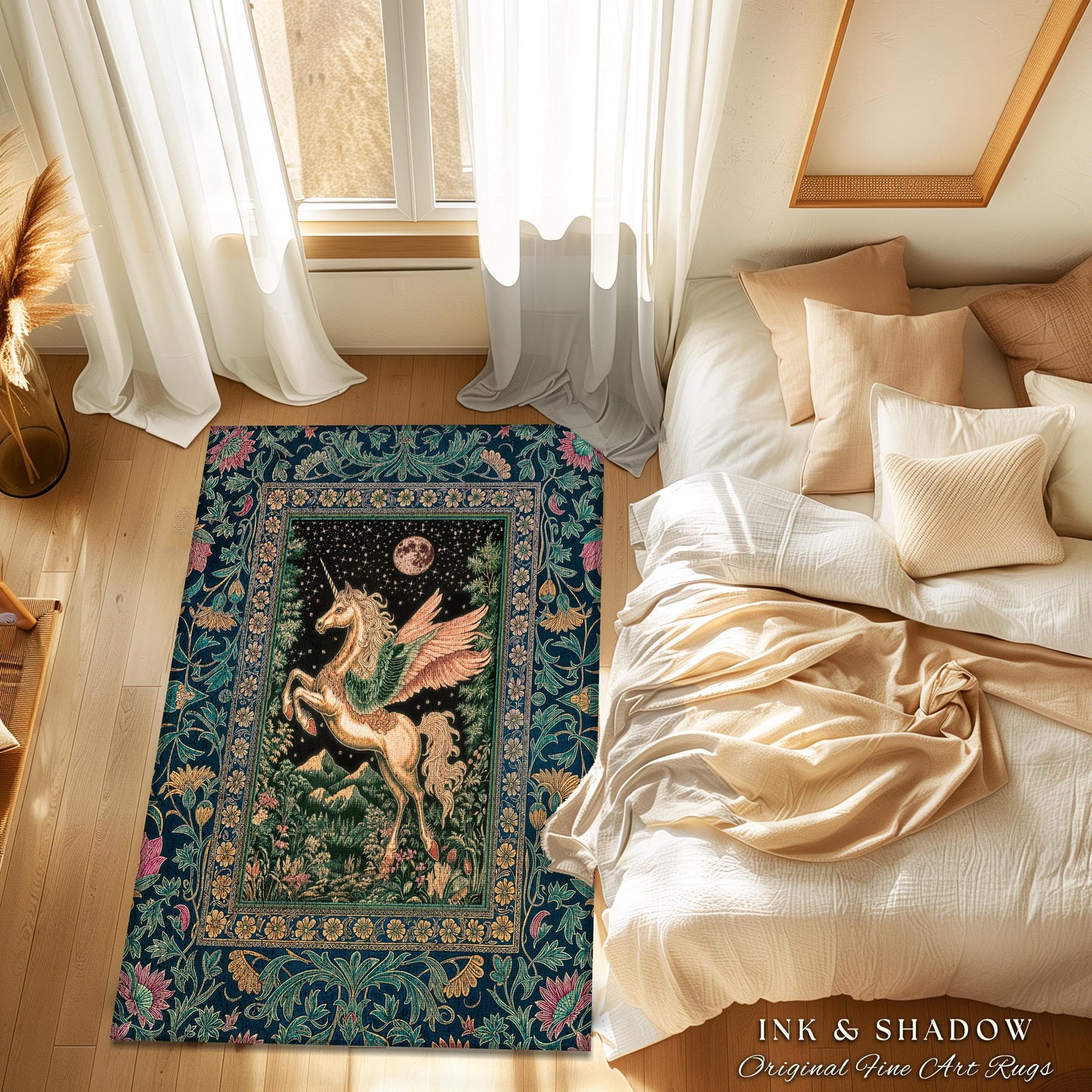 Winged Unicorn Full Moon Fantasy Rug | Enchanted Forest Fairytale Decor Baroque Regal Castlecore Style Romantic Maximalist Fantasy Gothic |