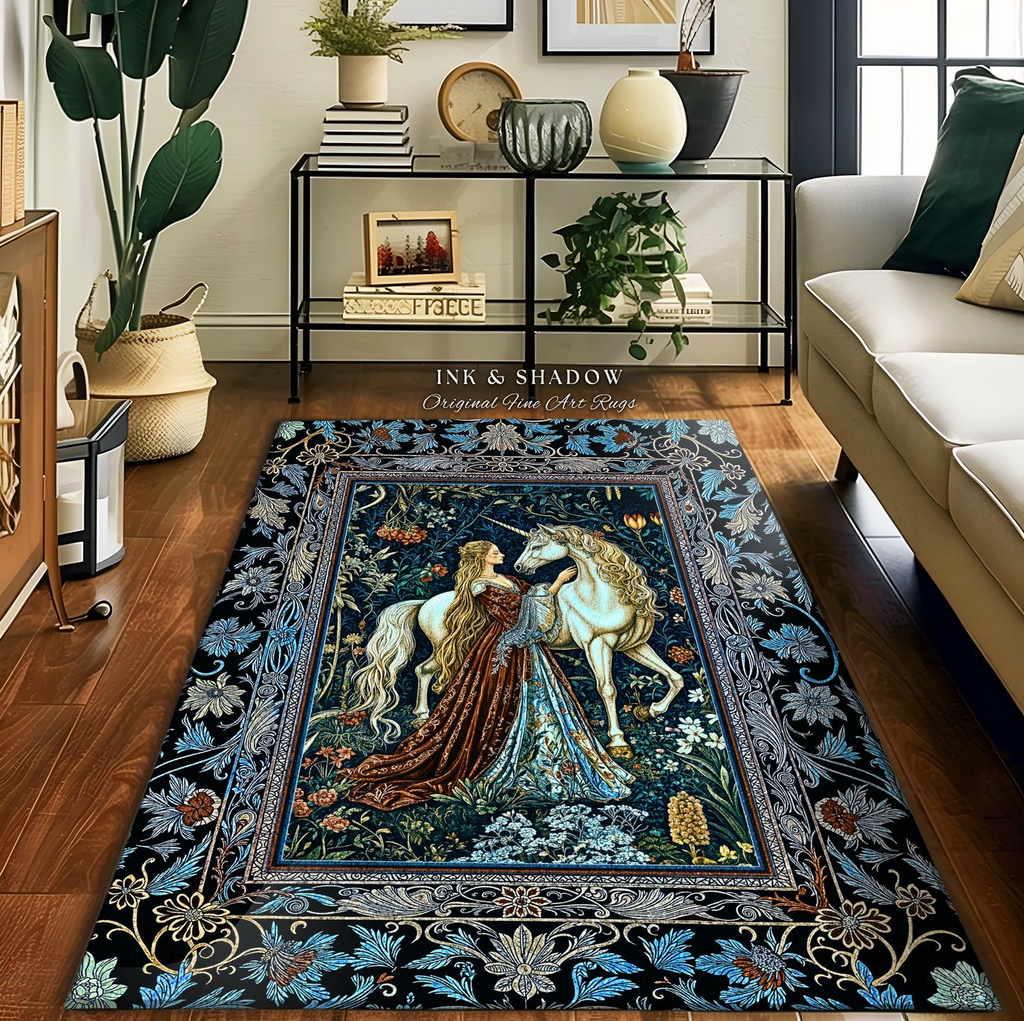 Moody Medieval Rococo Maiden Unicorn Area Rug | Vintage Fantasy Baroque Royalcore Cool Hues Storybook Home Decor Mystical Romantic Floor Art