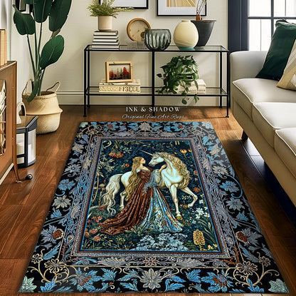 Moody Medieval Rococo Maiden Unicorn Area Rug | Vintage Fantasy Baroque Royalcore Cool Hues Storybook Home Decor Mystical Romantic Floor Art
