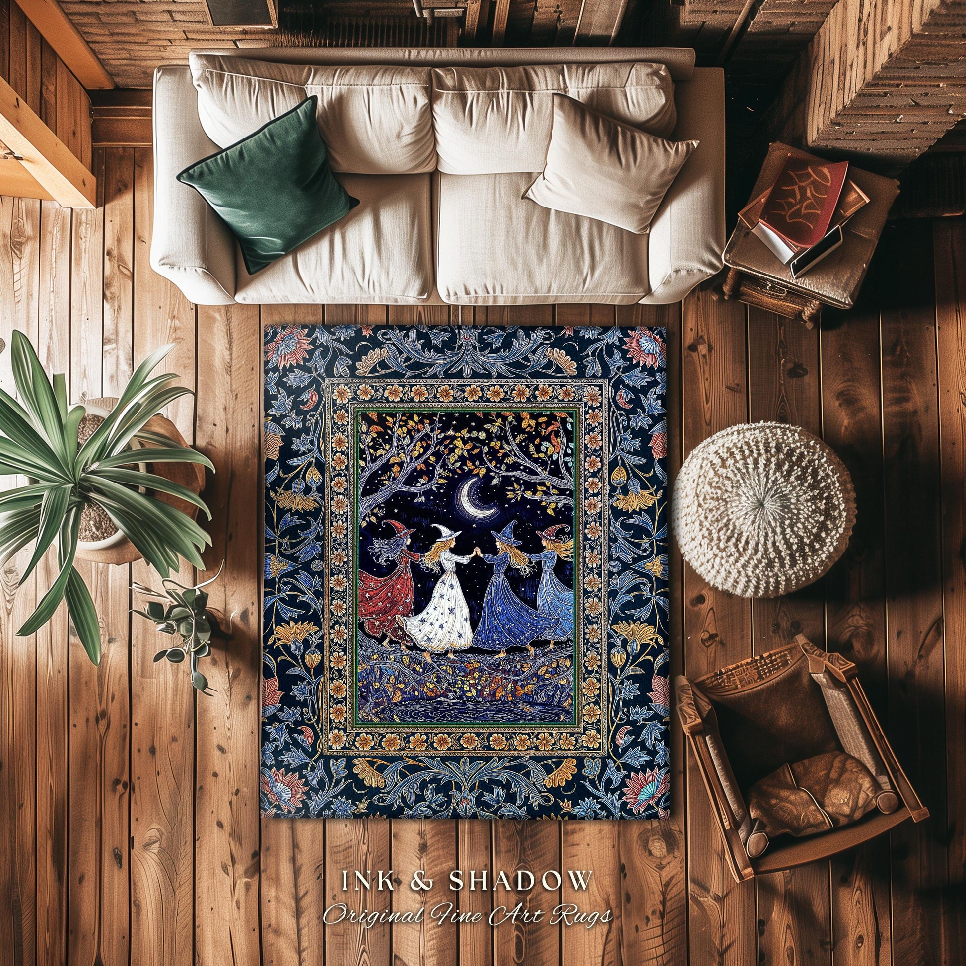 Moonlit Magic Witches Area Rug | Medieval Fairytale Floral Enchanted Witchcore Baroque Dark Folk Art Home Decor Occult Boho Bedroom Accent |