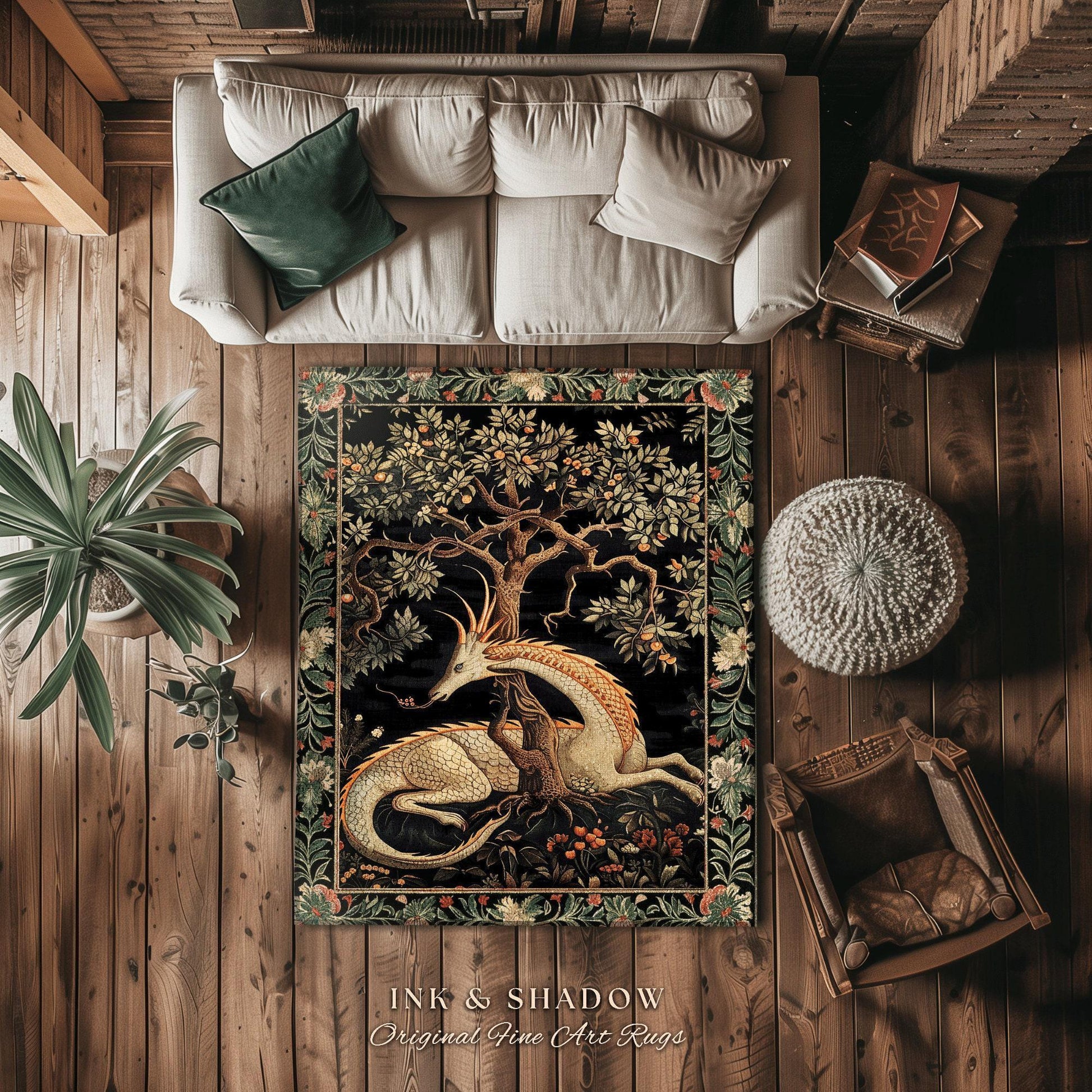 Dark Academia Dragon Area Rug | Medieval Folklore Room Decor Fairytale Inspired DnD Gift Dark Cottagecore Fairycore Mystical Game Room Rug |
