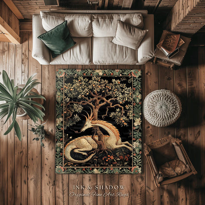 Dark Academia Dragon Area Rug | Medieval Folklore Room Decor Fairytale Inspired DnD Gift Dark Cottagecore Fairycore Mystical Game Room Rug |