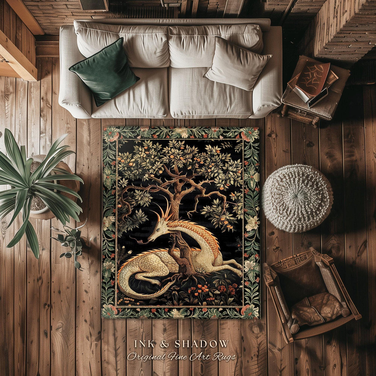 Dark Academia Dragon Area Rug | Medieval Folklore Room Decor Fairytale Inspired DnD Gift Dark Cottagecore Fairycore Mystical Game Room Rug |