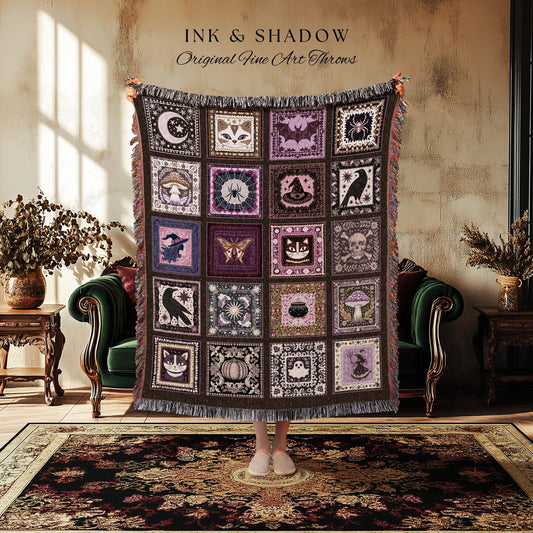 Cozy Cute Whimsigoth Halloween Patchwork Purple Blanket Witchy Folk Art Throw | Magic Witchy Tapestry Style Dark Academia Woven Wall Art