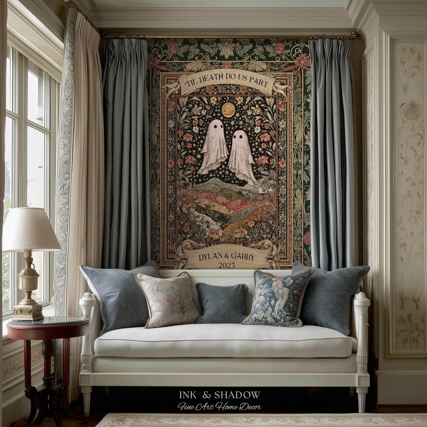 Til Death Do Us Part Ghost Couple Woven Tapestry Wall Art Personalized Wedding Gift | Celestial Whimsy Wildflower Magic Anniversary Keepsake