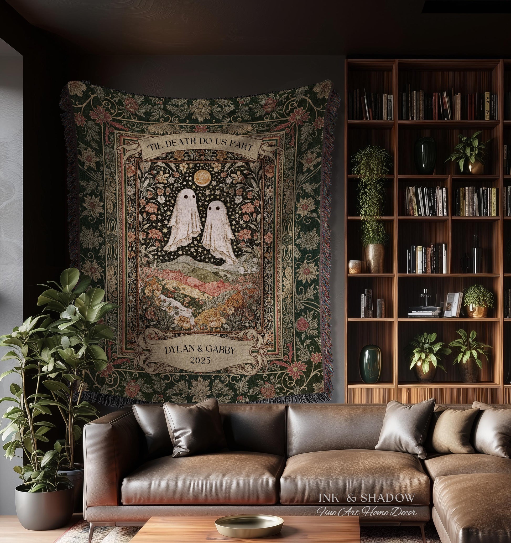 Til Death Do Us Part Ghost Couple Woven Tapestry Wall Art Personalized Wedding Gift | Celestial Whimsy Wildflower Magic Anniversary Keepsake